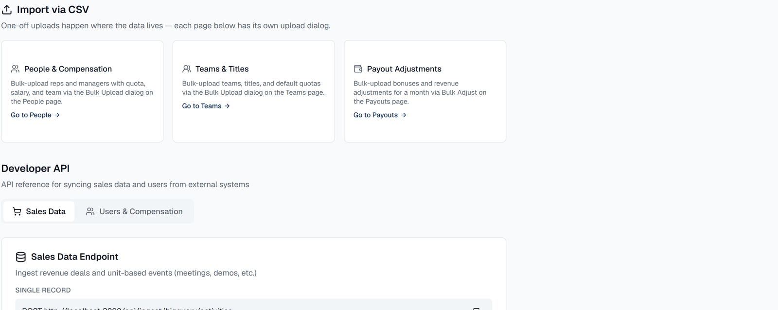 Data import page with CSV upload entry points and the developer API reference
